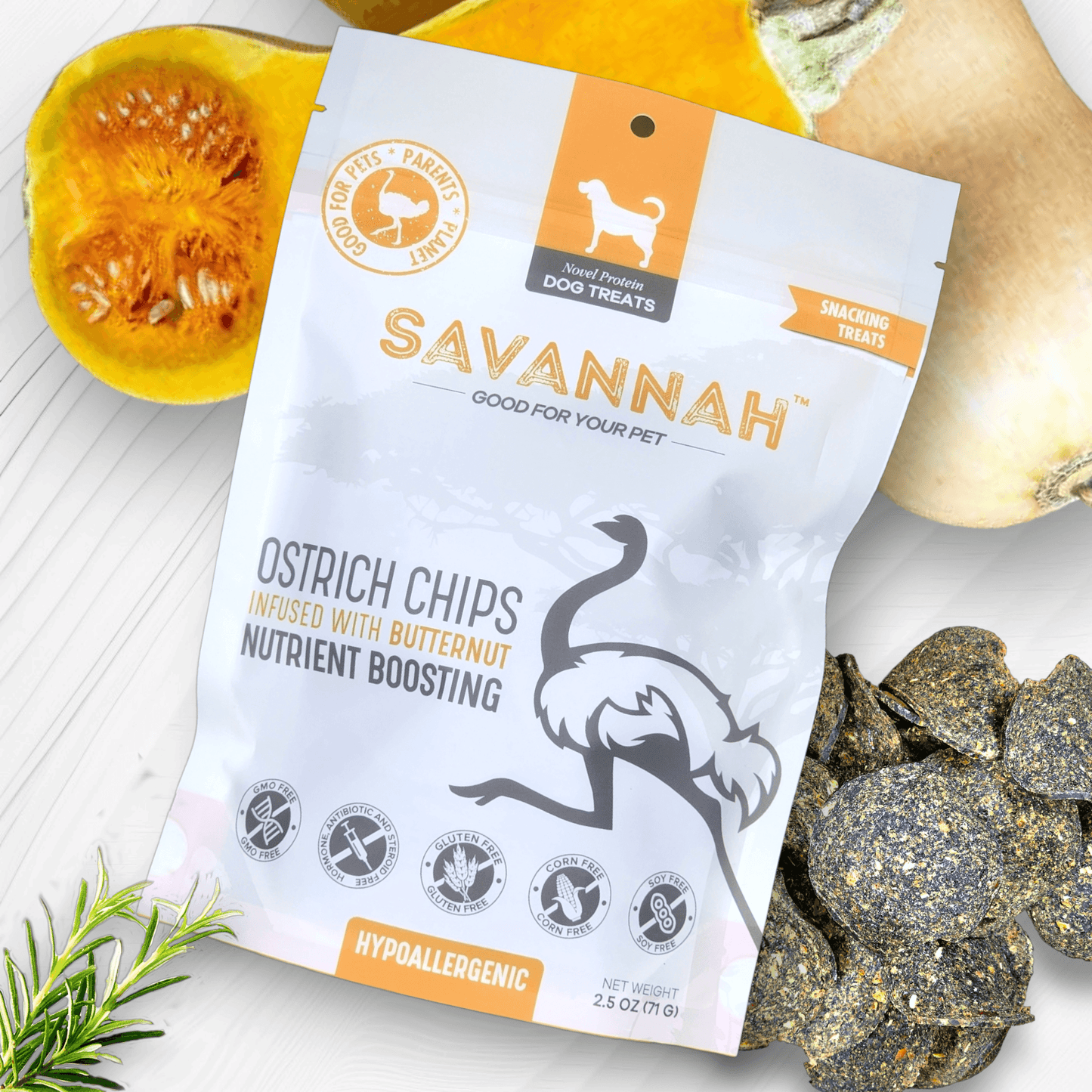 Ostrich Chips with Butternut (2.5oz): The Flavorful, Hypoallergenic Treat for Dogs with Sensitive Stomachs - Rocky's Famous Treats