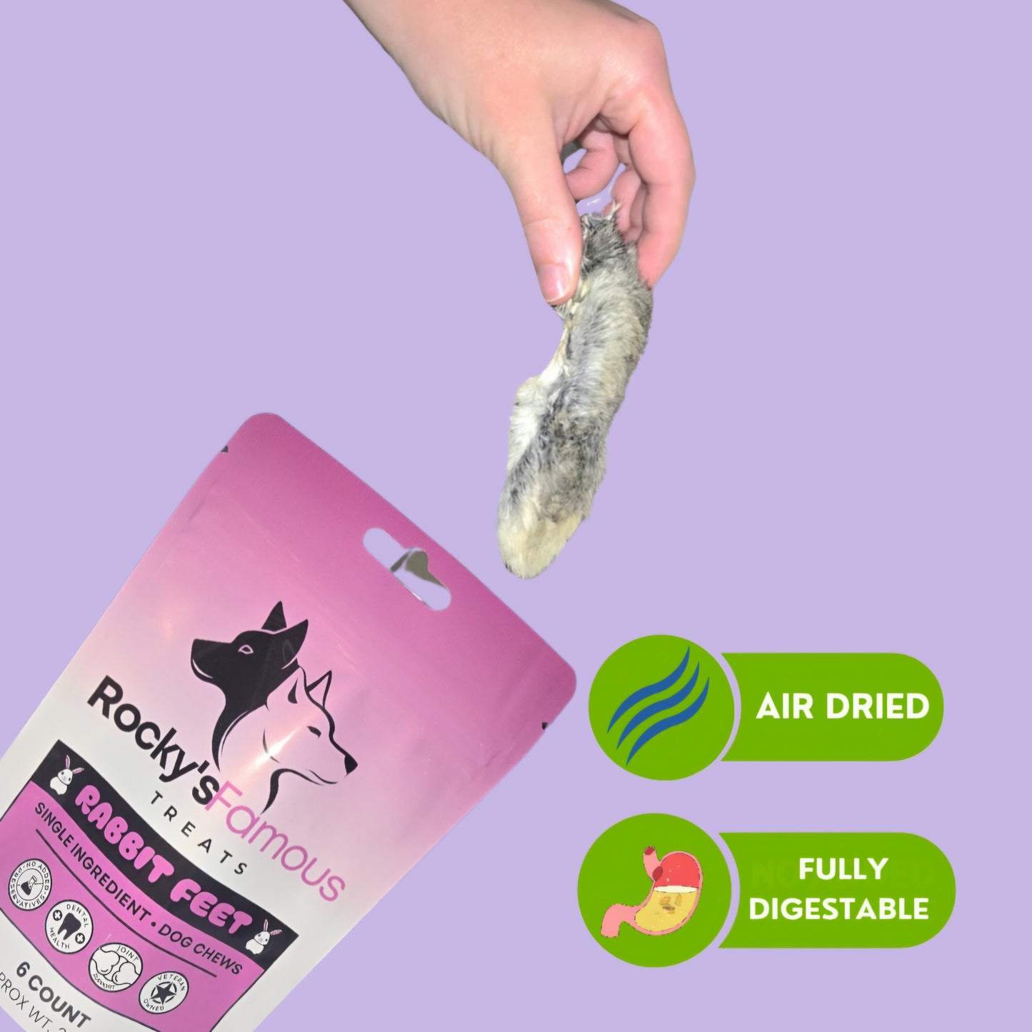 Rabbit Feet Dog Chews: Ethically Sourced Novelty Protein for Allergies, Sensitive Stomach, Crunchy Dental Health & Digestive Cleanse