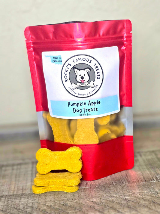 pumpkin dog treats in a red bag with Rocky's Famous Treats logo