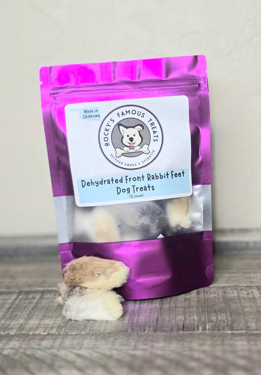dehydrated rabbit feet treats for dogs, in purple bag with Rocky's Famous Treats logo