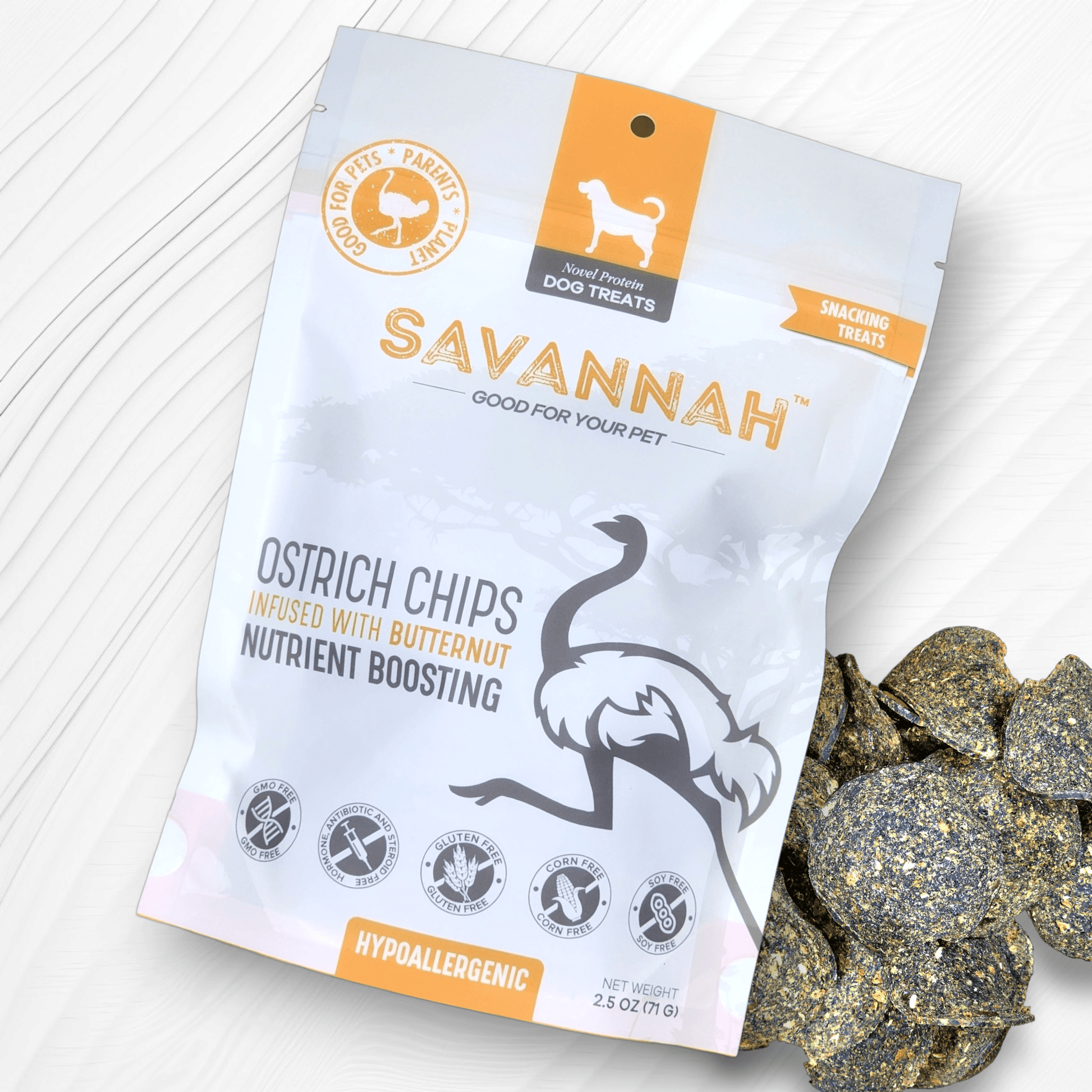 Ostrich Chips with Butternut (2.5oz): The Flavorful, Hypoallergenic Treat for Dogs with Sensitive Stomachs - Rocky's Famous Treats