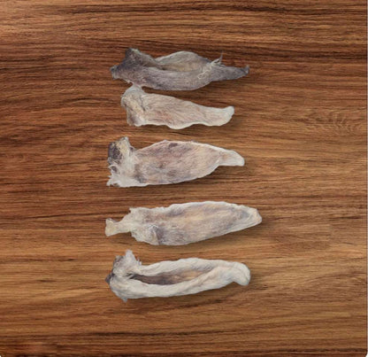 Dehydrated raw rabbit ear dog treats, single ingredient natural snack with novelty protein; crunchy for training, sensitive stomach, allergies, and no preservatives