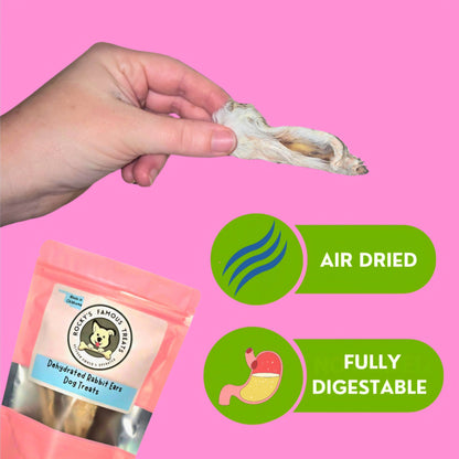 Rabbit Ears Dog Chews featuring single ingredient, natural novelty protein with a crunchy texture – perfect for training, sensitive stomach, allergies, and no preservatives